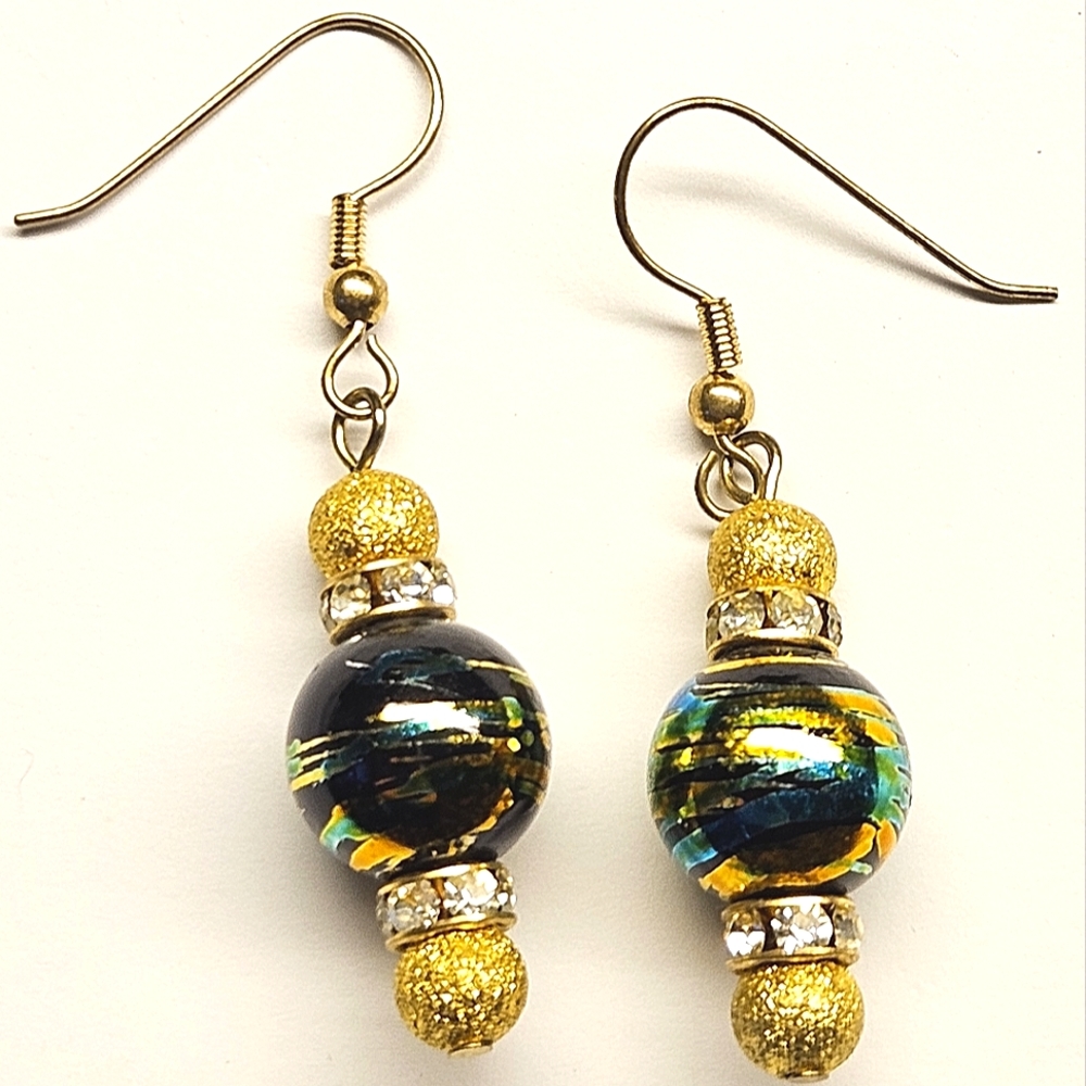 Green, Blue and Gold Beaded Earrings